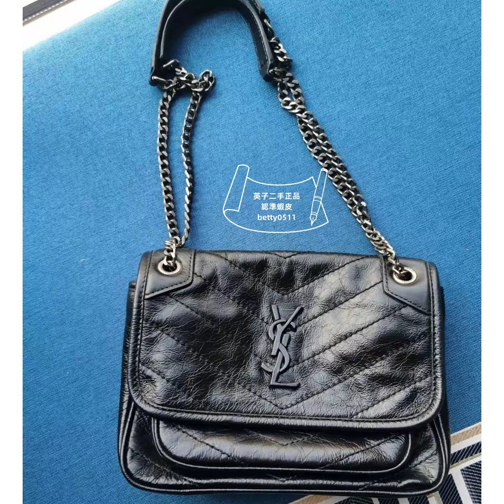 嚴選二手 SAINT LAURENT YSL niki mini黑標logo復古褶皺皮革 633160 流浪包 單肩包