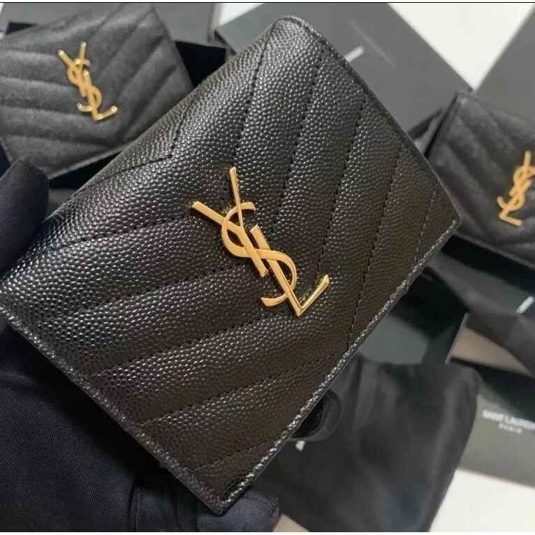 正品 YSL 聖羅蘭 MONOGRAM 黑色荔枝紋 金扣 短款 雙折 錢包 短夾 皮夾 卡夾 零錢包530841