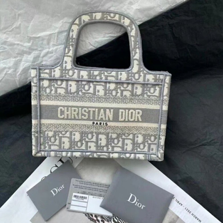 盈盈二手正品 DIOR 迪奧 Book tote刺繡老花 滿印帆布 mini 灰色 托特包 購物袋 手提包