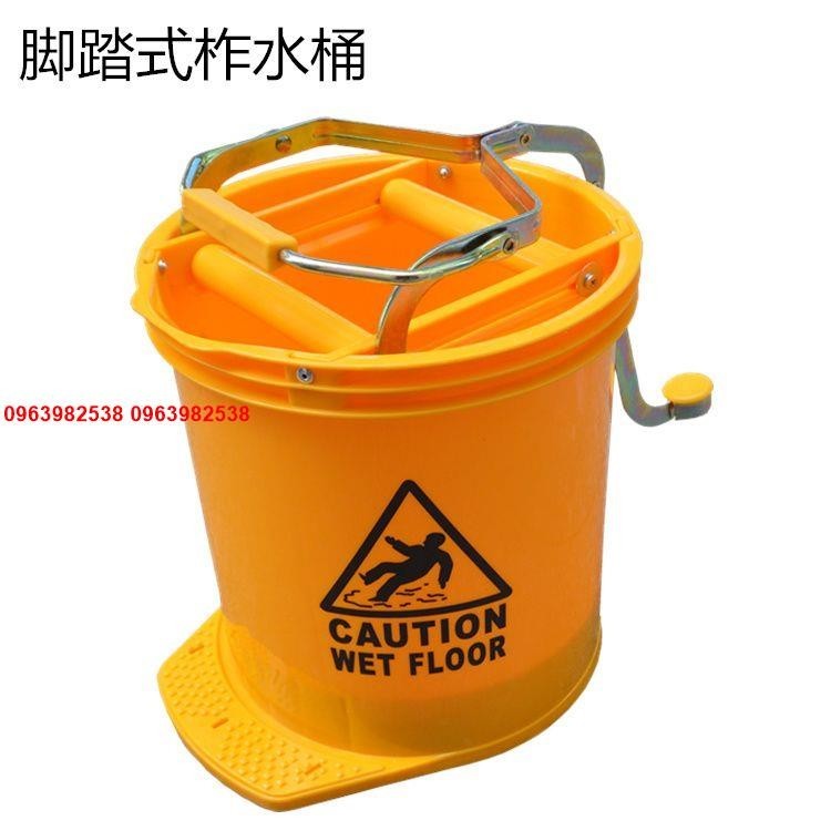 腳踏式單桶榨水車黃色拖把桶圓形榨水車塑料墩布壓水擠水桶清潔桶