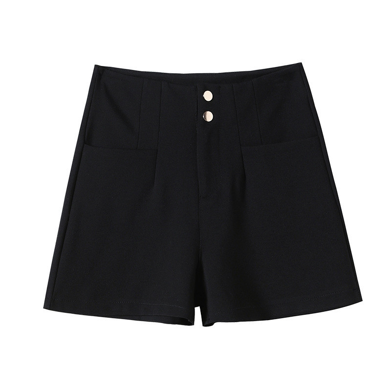 黑色兩扣短褲女 適用夏季彈力熱褲高腰外穿闊腿a字造型三分褲