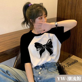 【YW】短袖女 拚接純棉短袖T恤女 寬鬆夏季女裝 新款百搭上衣 法式複古設計感小眾ins女生上衣 女裝