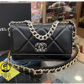 二手精品 CHANEL 19 WOC 黑色 大菱格羊皮 雙C銀釦 翻蓋金銀粗鍊 手提包 斜背包 兩用發財包 AP0957