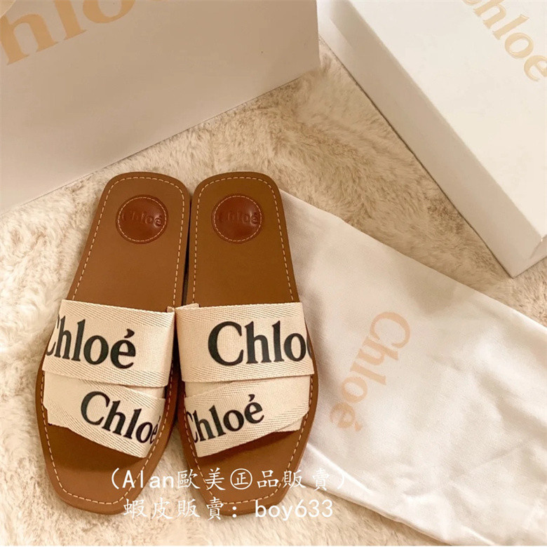 二手現貨 CHLOE 蔻依 WOODY FLAT Logo 20春夏 黑色印花帆布拖鞋 涼鞋 免運