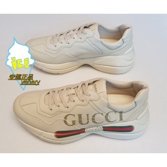 二手免運 GUCCI 古馳 528892 Rhyton 復古 經典厚底老爹鞋 象牙米白色 圖案 LOGO 厚底·百