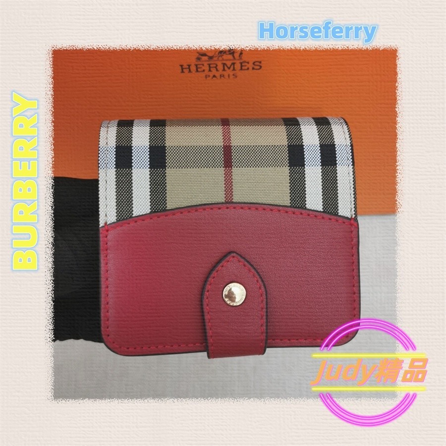 二手精品 BURBERRY/博柏利 Horseferry戰馬格紋拼接短款皮夾 按扣翻蓋拉鏈錢包 6卡 短夾