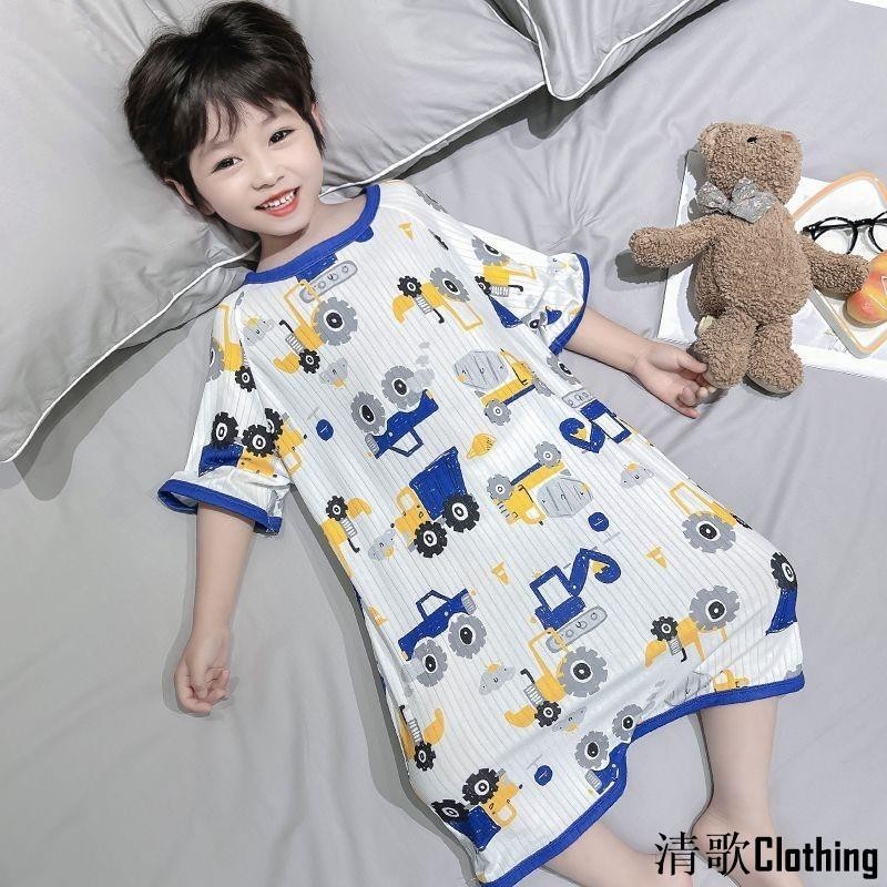 【童裝】兒童睡衣冰感連身夏季男女童短袖睡袍寶寶薄款防踢被冰絲卡通睡裙