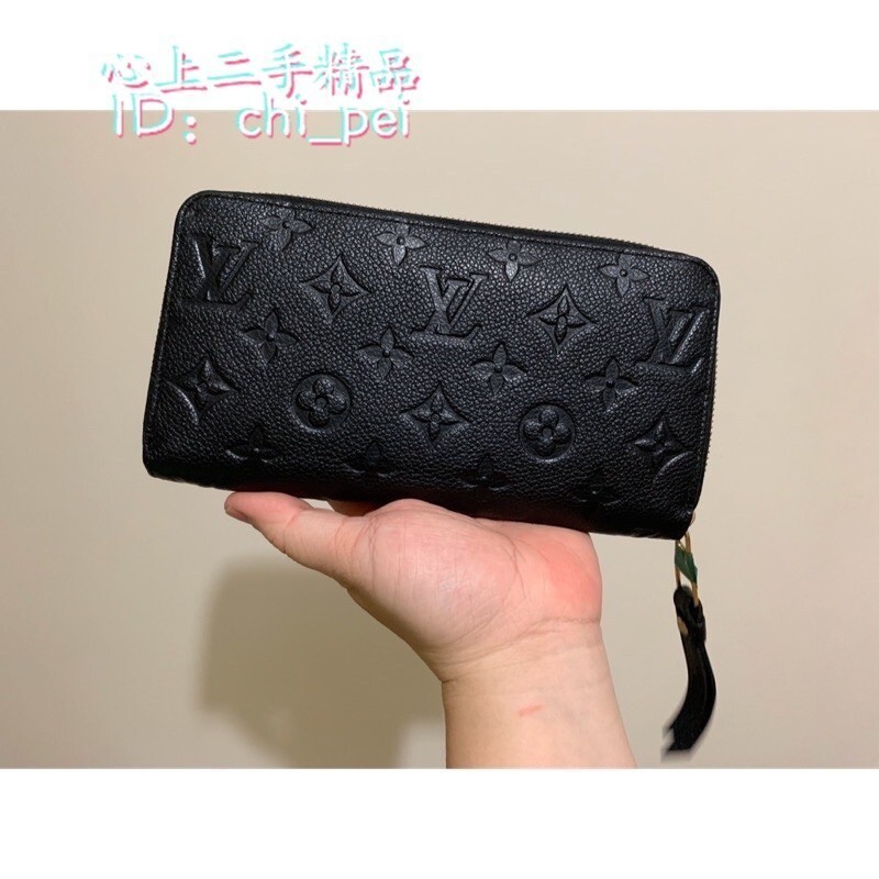 二手 LV LOUIS VUITTON 路易威登 M60571 經典花紋 全皮革 壓紋 拉鍊長夾 黑色