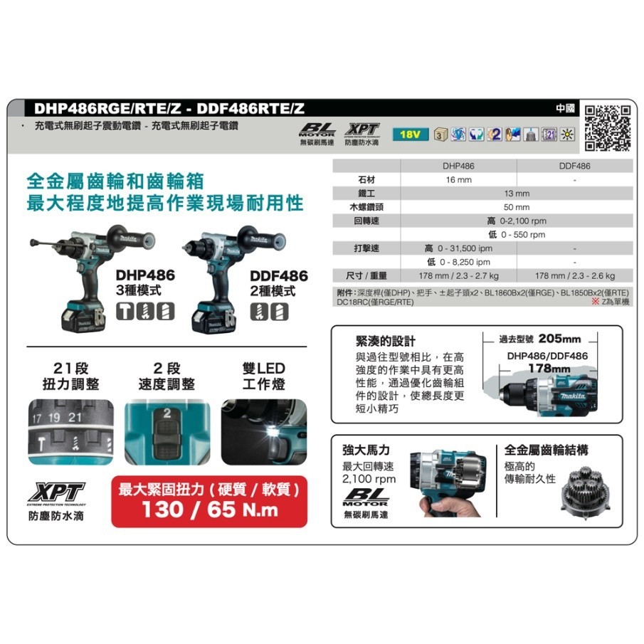 【台灣工具】夾頭 DHP486 單機Makita 牧田 DHP486Z 無碳刷 18V震動電鑽 DHP481