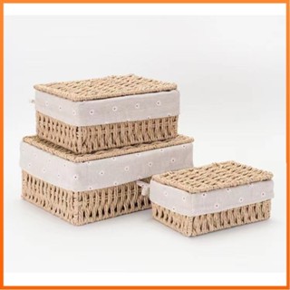 【臺灣出貨】家居生活藤編收納籃零食玩具帶蓋收納箱化妝品收納盒桌面手機鑰匙收納筐框 暢銷