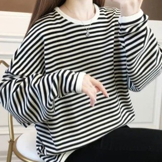 Ruby大尺碼女裝寬松港風chic條紋衛衣女2024春秋季韓版新薄款上衣圓領休閑t恤女