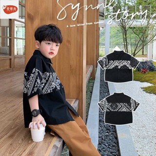 單/套裝男童短袖襯衫短褲兩件套 印花襯衫帥氣上衣中大童襯衣