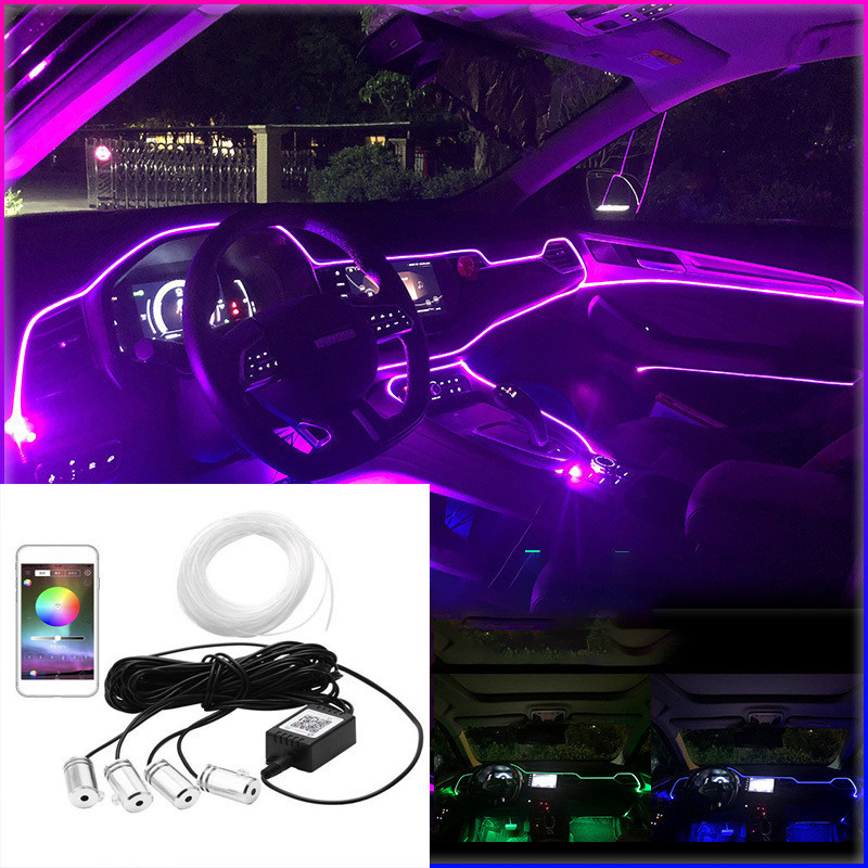 汽車LED光縴冷光綫RGB手機APP搖控氣氛腳底燈車載聲控氛圍燈七彩
