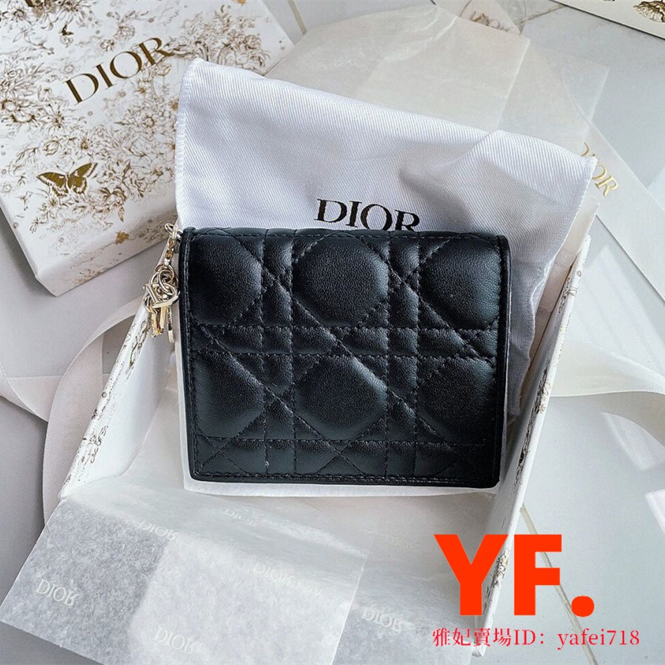 二手精品 Dior 迪奧 Lady 黑色 藤格紋 羊皮革 迷你 對折 錢包 皮夾 短夾 卡包 零錢包 免運