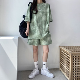 熱銷💖 扎染運動裝小個子兩件套女夏休閒短袖T恤打底衫寬鬆闊腿短褲套裝 短袖 T恤 短袖上衣 美式復古