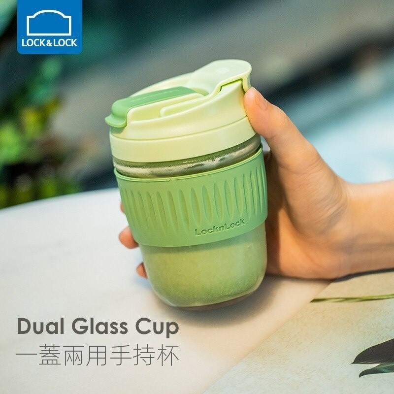 『優選精品』樂扣玻璃杯 350ml 簡約便攜玻璃杯 一蓋兩用 商務印刷咖啡杯 帶吸管 戶外大容量便攜玻璃杯