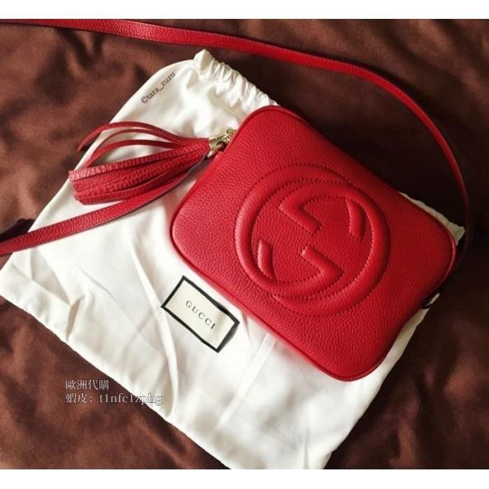 法國代購 Gucci 308364 Soho Disco Leather Bag 浮雕G流蘇斜背包 紅色 黑色 現貨