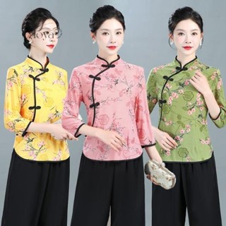 滿200出貨·國風七分袖旗袍上衣洋氣修身顯瘦薄款T恤媽媽短款小衫 民族風上衣 禪意茶服 文藝T恤 盤扣七分袖 襯衫 復古