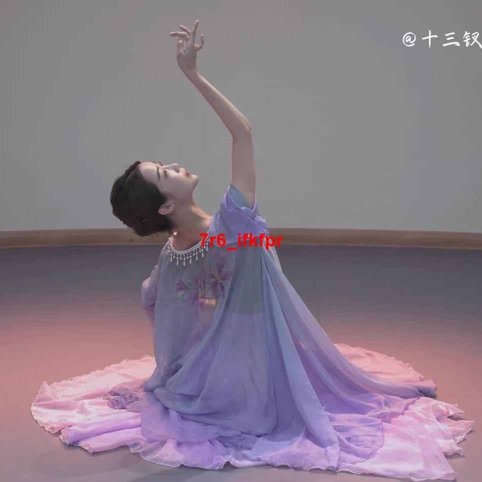 大麥飄逸舞服 古典舞服 表演服 小蘭花超仙藍紫漸變印花水袖紗衣中國