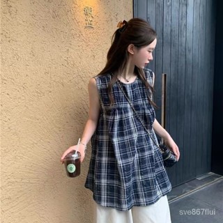 漂亮女裝夏季日係複古設計感格子圓領襯衫女夏季新款寬鬆無袖休閒娃娃衫上衣