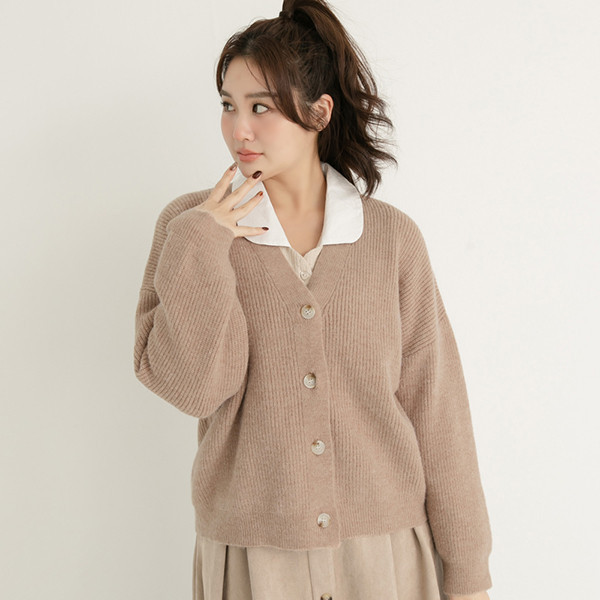 【PolyLulu】 秋冬韓系優雅溫暖素面針織外套 中大尺碼外套 奶茶色