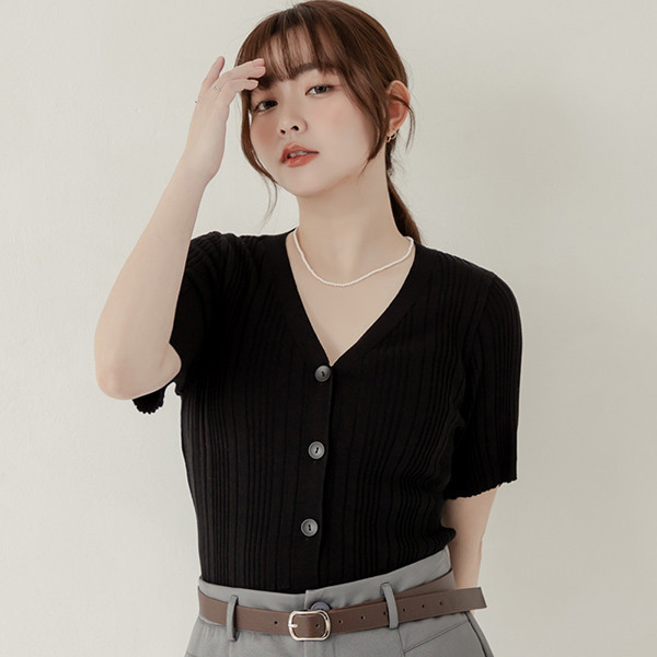 【PolyLulu】 MISS.韓系夏日V領針織坑條短袖上衣 中大尺碼上衣 黑色