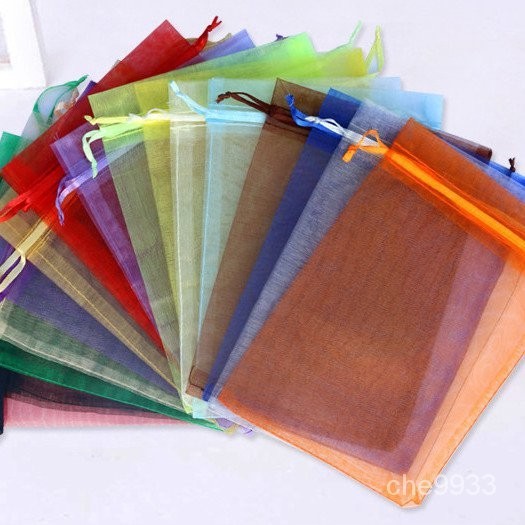 🔥免運🔥純色歐根紗袋抽繩包裝透明紗網袋多尺寸禮品試用小袋子束口喜糖袋