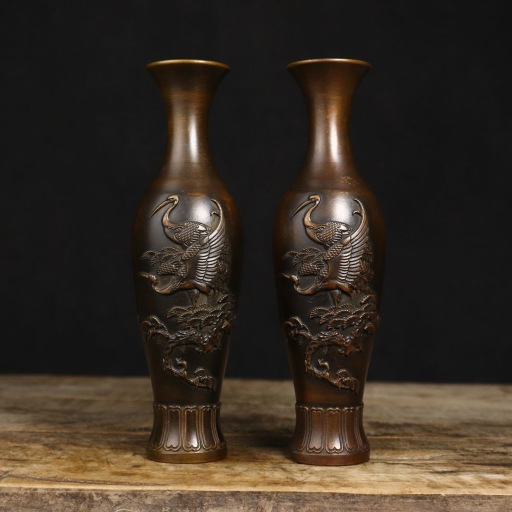 雉恩🥰純銅花瓶一對 居家裝飾擺件 玄關裝飾擺件 仙鶴花瓶擺件 做工精緻送禮佳品 家庭裝飾開業禮品