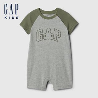 Gap 嬰兒裝 Logo純棉小熊刺繡圓領短袖包屁衣/連身衣-灰綠拼接(427966)