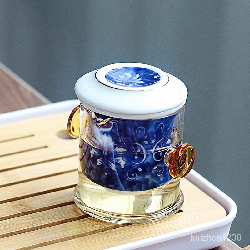 主人耐熱玻璃泡茶壺傢用紅茶杯陶瓷過濾雙耳玻璃花茶壺簡約青花衝茶器 IURJ