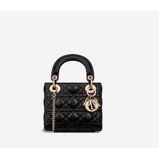 二手Dior 迪奧 迷你 LADY DIOR 手袋 黑色 藤格紋 羊皮 戴妃包 鏈條包 手提包 M0505O