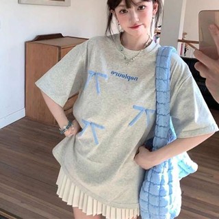 韓版寬鬆短袖t恤 蝴蝶結印花 純棉 灰色 短袖 上衣 oversize t恤 長版 美式復古 下半身失蹤 短袖t恤女韓版