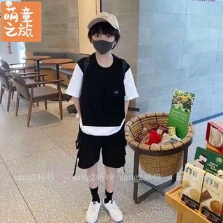 【夏季新品】男童套裝 兒童套裝 童裝男童套裝中大兒童假兩件短袖T桖+工裝五分短褲子 男童衣服 男大童 男童上衣 萌童