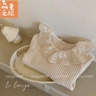 韓國童裝 女童秋冬季新款長袖上衣兒童蕾絲花邊圓領豎紋素色內搭女童彈力打底衫 萌童