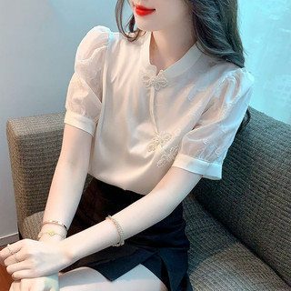 SY短袖上衣夏季白色雪紡襯衫國風女裝夏裝V領上衣新款新中式旂袍上衣短袖襯衫雪紡上衣韓版襯衫