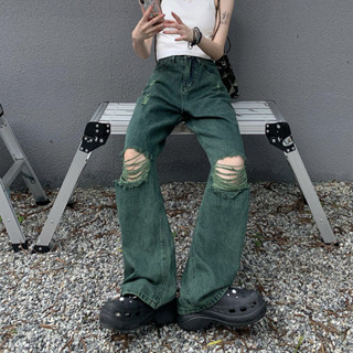 破洞牛仔褲 女高腰美式潮牌破洞墨綠色牛仔褲女春秋季復古高腰磨破做舊直筒拖地長褲 破洞褲 牛仔褲 落地褲