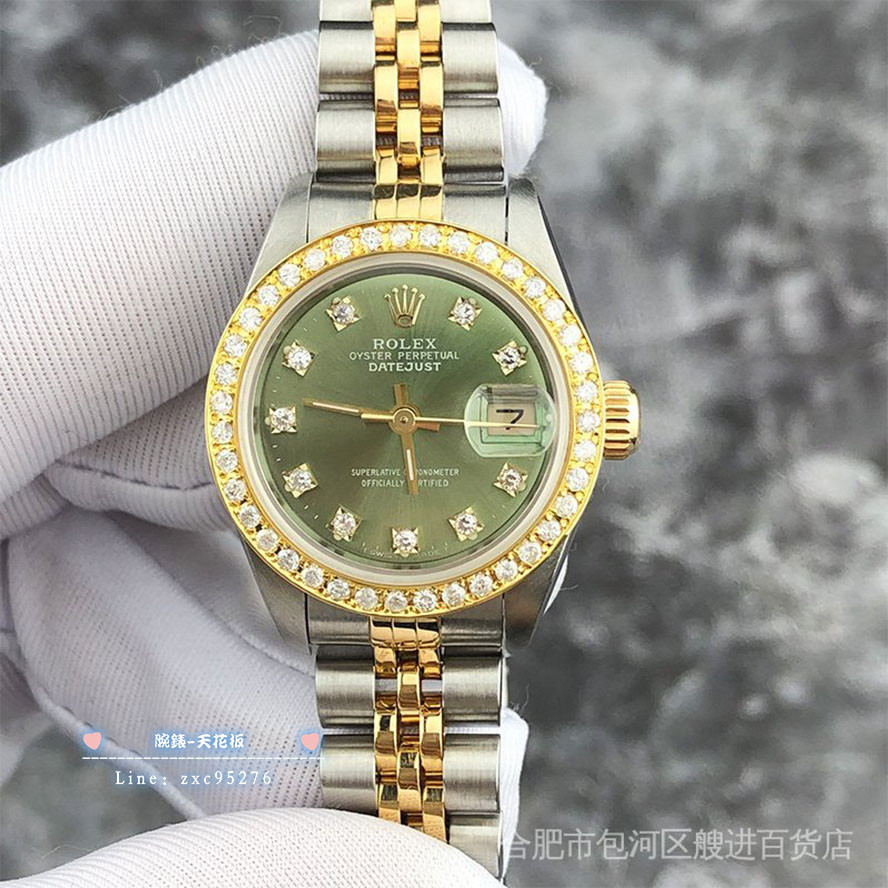 Rolex Rolex勞力士女裝日誌系列69173間金綠盤後鑲鑽日曆機械腕錶 潮流 時尚 休閒 商務 經典 手腕錶