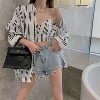 【Carmar】防曬條紋襯衫外套上衣+抹胸吊帶背心時尚洋氣港風兩件套裝女夏季