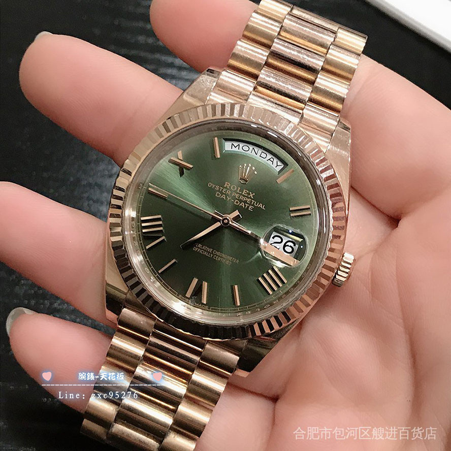 勞力士 現貨Rolex DD星期日曆型228235玫瑰金橄欖綠自動機械男表金腕錶腕錶