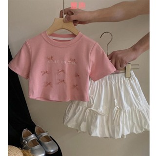 🍓兒童套裝🍓韓版童裝甜美可愛套裝中兒童2024夏季新款超甜女童上衣芭蕾風公主小蝴蝶結短袖上衣+女童短裙白色花苞裙子