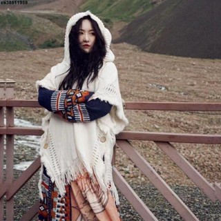 外出披肩💜森系披肩西米亞流蘇毛衣針織衫新疆草原旅行斗篷連帽圍巾百搭女