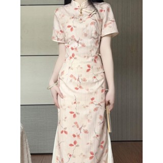 ⚡臺灣熱賣 新中式旗袍 改良旗袍裙 洋裝 長款旗袍 春夏季新款復古改良旗袍 新中式短袖旗袍 粉色側八扣長裙連衣裙女