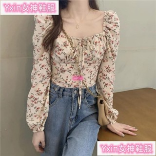 臺灣熱銷🎀短版別緻上衣女法式碎花方領泡泡長袖襯衫Jun124