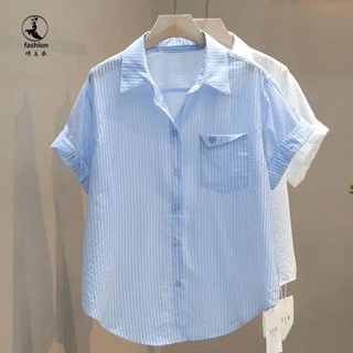 襯衫女 夏季韓版刺繡愛心單口袋設計感豎條紋薄款短袖襯衣休閑女襯衫上衣 女士襯衫 上衣