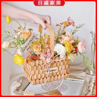 【日盛家居】田園手工編織網紅迷你手提木片段籃 手提花藍 花藝插花籃 野餐籃 收納籃