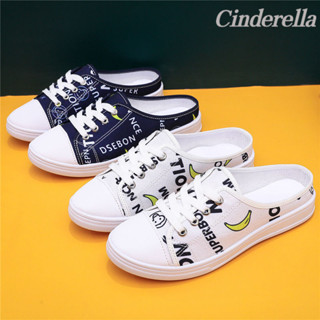 Cinderella 懶人百搭網紅無後跟小白鞋女一腳蹬帆佈鞋 半拖鞋 穆勒鞋 一腳蹬 懶人鞋 包頭涼拖鞋