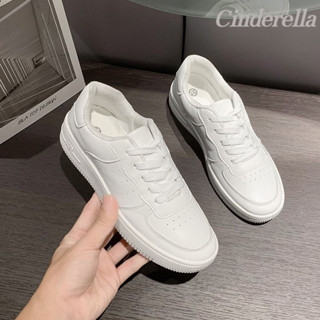 Cinderella 透氣女款休閒鞋子潮流百搭白色闆鞋女士皮麵運動潮鞋 低幫 超軟休閒鞋 小白鞋女 百搭小白鞋