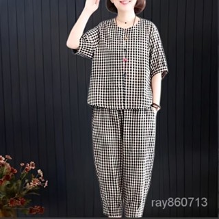 傢居服女 睡衣女 涼感睡衣 外貿出口專櫃尾單棉質兩件套女文藝複古上衣休閒九分褲格子女顯瘦 zioc