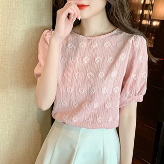 夏季新款甜美清新森女風花朵泡泡袖襯衫|寬鬆顯瘦短袖圓領襯衫上衣