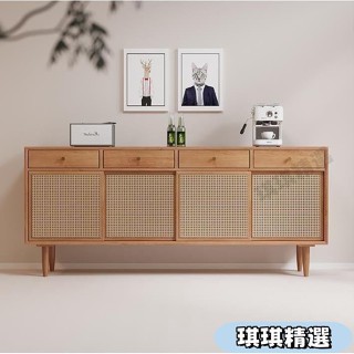 【熱銷】日式客廳傢用多功能收納櫃簡約實木儲物櫃茶水櫃原木風藤編餐邊櫃CHN